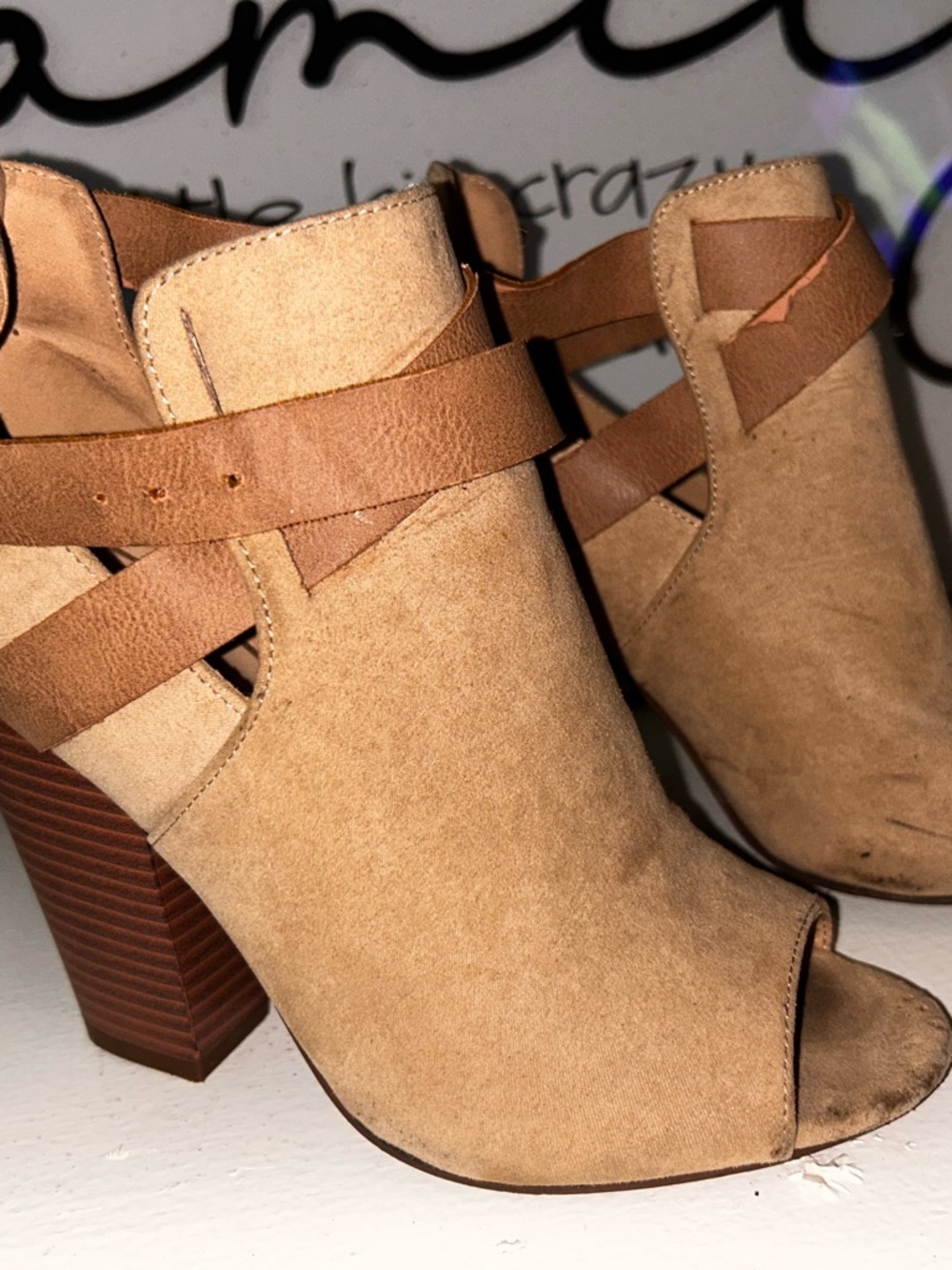 JustFab Tan Suede Open-Toe Wrap Ankle Booties